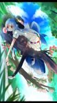  1girl black_legwear blue_hair clouds cloudy_sky dress food fruit hat hat_ribbon high_heels highres hinanawi_tenshi long_hair looking_at_viewer lying on_stomach peach red_eyes ribbon seiu_(aoame) sky solo thigh-highs tongue tongue_out touhou tree tree_branch 