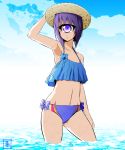  1girl bikini cowboy_shot cyclops flat_chest hand_on_headwear hat highres manako monster_musume_no_iru_nichijou navel one-eyed purple_hair s-now signature solo straw_hat swimsuit violet_eyes wading water 