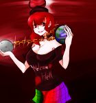  1girl black_shirt breasts chain cleavage cowboy_shot earth_(ornament) gold_chain hecatia_lapislazuli hilali holding long_fingers looking_at_viewer moon_(ornament) multicolored_skirt off_shoulder open_mouth red_background red_eyes redhead shirt short_hair smile solo touhou 