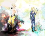  2boys aica blonde_hair boots braid dio_brando father_and_son flower giorno_giovanna height_difference jojo_no_kimyou_na_bouken long_hair multiple_boys pants plant smile standing star time_paradox topless traditional_media 