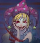  1girl blonde_hair clownpiece grin hat highres jester_cap looking_at_viewer polka_dot smile solo tagme the_joker touhou violet_eyes zhengyifan7 