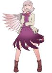  1girl boots full_body grey_hair highres kishin_sagume mefomefo parted_lips red_eyes short_hair single_wing smirk solo stance touhou wings 