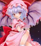  1girl bat_wings colored_pencil_(medium) frilled_shirt_collar frilled_sleeves frills hat looking_at_viewer marker_(medium) mob_cap puffy_short_sleeves puffy_sleeves purple_hair red_eyes remilia_scarlet ren_(endscape20) short_hair short_sleeves smile solo touhou traditional_media wings 