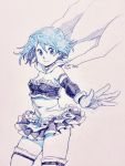  1girl aebj bare_shoulders blue_eyes blue_hair breasts cape cleavage looking_at_viewer mahou_shoujo_madoka_magica miki_sayaka sketch smile thigh-highs traditional_media wind_lift zettai_ryouiki 