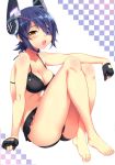  1girl ass bare_shoulders barefoot bikini black_bikini black_gloves blue_hair blush breasts cleavage collarbone eyepatch fingerless_gloves gloves headgear highres kantai_collection kase_daiki knees_on_chest looking_at_viewer open_mouth scan short_hair sitting solo swimsuit tenryuu_(kantai_collection) yellow_eyes 