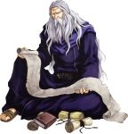  1boy athos_(fire_emblem) beard facial_hair fire_emblem fire_emblem:_rekka_no_ken kaneda_eiji long_hair male_focus official_art parchment sandals simple_background sitting solo white_background white_hair 