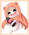  1girl :d border brown_eyes brown_hair chibi coca-cola doma_umaru hamster_costume himouto!_umaru-chan long_hair looking_at_viewer open_mouth smile solo wakagi_repa 