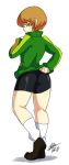  1girl ass bigdead93 bike_shorts brown_eyes brown_hair from_behind full_body green_jacket highres jacket loafers persona persona_4 satonaka_chie shoes short_hair skin_tight smile smirk socks solo standing track_jacket 