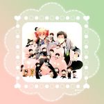  1girl 6+boys animal_costume animal_ears apron black_hair black_legwear blazer blush bow brown_eyes chibi gekkan_shoujo_nozaki-kun hair_bow hat miniboy multiple_boys multiple_persona necktie nehan_(y-nehan) nozaki_umetarou orange_hair pillow rabbit_ears sakura_chiyo school_uniform sitting tanuki_costume thigh-highs violet_eyes witch_hat 