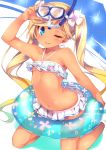  1girl ;p aqua_eyes bikini blonde_hair blush diving_mask diving_mask_on_head flat_chest flower frilled_bikini frills granblue_fantasy hair_flower hair_ornament innertube io_(granblue_fantasy) kneeling long_hair looking_at_viewer mokoke navel one_eye_closed smile solo swimsuit tongue tongue_out twintails very_long_hair 