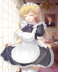  1girl blonde_hair book breasts chandelier closed_eyes copyright_request female garter_straps kishi_nisen large_breasts long_hair maid maid_headdress official_art open_mouth portrait_(object) skirt skirt_lift smile solo thigh-highs watermark window 