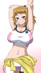  1girl arms_up blue_eyes breasts brown_hair clothes_around_waist gundam gundam_build_fighters gundam_build_fighters_try highres hoshino_fumina jacket_around_waist large_breasts long_hair looking_at_viewer maru_(maruttona) midriff navel ponytail smile solo 