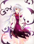  1girl bow grey_hair hichou highres kishin_sagume long_sleeves looking_at_viewer open_mouth red_eyes shirt skirt smile solo touhou vest wings 