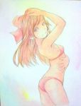  1girl arched_back bikini bow brown_hair cowboy_shot from_side hair_bow hair_tubes hakurei_reimu hand_in_hair hand_on_head long_hair looking_at_viewer looking_to_the_side pink_background pose red_bikini small_breasts solo swimsuit touhou traditional_media watercolor_(medium) yuyu_(00365676) 