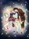  1boy 1girl alvin_(tales) blonde_hair bowing brown_hair dress elize_lutus facial_hair hand_kiss height_difference kiss rocking_horse sitting smile star tales_of_(series) tales_of_xillia tenguu_rio 