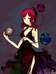  1girl alternate_costume bare_shoulders beikeice breasts choker cleavage dress earrings earth_(ornament) hecatia_lapislazuli jewelry moon_(ornament) red_eyes redhead side_slit solo touhou 