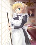  1girl blonde_hair book breasts broom chandelier folded_ponytail green_eyes kishi_nisen large_breasts long_hair maid maid_headdress official_art open_mouth portrait_(object) smile solo watermark window 