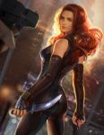  1girl ass backlighting black_gloves black_widow bodysuit brown_hair cowboy_shot dagger dual_wielding elbow_gloves fingerless_gloves gloves gun handgun latex lips long_hair looking_at_viewer marvel natasha_romanoff nose pistol pov rain realistic redhead reverse_grip small_breasts trigger_discipline weapon yang_fan 