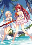  2girls bare_arms bare_legs bikini bikini_skirt blonde_hair blush bow bracelet breasts character_request cleavage copyright_request feet_in_water frills hair_bow hair_ornament jewelry multiple_girls palm_tree ponytail redhead rock soaking_feet swimsuit sword tree violet_eyes wand water weapon 