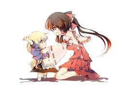  2girls apron arms_up black_dress black_hair blonde_hair bow brown_eyes child dena.ei detached_sleeves dress dressing hair_bow hair_tubes hakurei_reimu kirisame_marisa kneeling long_hair long_sleeves multiple_girls open_mouth ponytail pout pullover shirt skirt skirt_set touhou very_long_hair waist_apron wide_sleeves yellow_eyes younger 