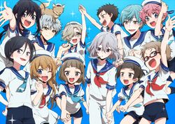  6+boys :d ;d ahoge akita_toushirou animal_on_head aqua_hair atsushi_toushirou black_hair blonde_hair blue_eyes brown_eyes brown_hair fox glasses gokotai hair_over_one_eye hakata_toushirou hat hirano_toushirou holding_hands honebami_toushirou ichigo_hitofuri maeda_toushirou male_focus midare_toushirou multiple_boys nakigitsune nakigitsune&#039;s_fox namazuo_toushirou one_eye_closed open_mouth otoko_no_ko pink_hair red-framed_glasses sailor sailor_dress sailor_hat shorts silver_hair smile touken_ranbu violet_eyes yagen_toushirou yamabukiiro yellow_eyes 