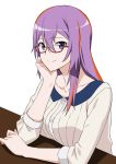  alternate_costume bespectacled breasts dragon_yukano glasses hand_on_own_face long_hair looking_at_viewer ninja_slayer purple_hair short_sleeves smile solo t_thekey table violet_eyes white_background 