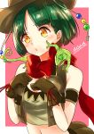 1girl blush chameleon engawa_(rarenago) gloves green_hair hat love_live!_school_idol_festival open_mouth shitara_fumi solo yellow_eyes 
