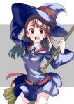 aki_poi akko_kagari blush broom brown_hair dress happy hat little_witch_academia long_hair looking_at_viewer red_eyes simple_background witch witch_hat 