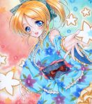  1girl :d ayase_eli blonde_hair blue_eyes blush colored_pencil_(medium) floral_print hair_between_eyes japanese_clothes kimono looking_at_viewer love_live!_school_idol_project marker_(medium) obi open_mouth ponytail ren_(endscape20) sash smile solo traditional_media 