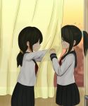  2girls black_hair blush curtains highres long_hair minagiku multiple_girls original ponytail school_uniform serafuku skirt smile yuri 