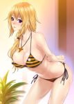  1girl arms_behind_back bikini blonde_hair blush breasts charlotte_dunois cleavage highres infinite_stratos jewelry large_breasts leaning_forward lips long_hair looking_at_viewer navel necklace parted_lips side-tie_bikini smile solo striped striped_bikini striped_swimsuit swimsuit violet_eyes zucchini 