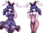  1girl alternate_costume animal_ears arm_behind_back blue_dress blue_hair blush breasts bunny_girl bunnysuit cowboy_shot crescent dress ear_clip expressionless hand_in_hair large_breasts light_smile long_hair looking_at_viewer low-tied_long_hair low_twintails miata_(pixiv) pantyhose parted_lips puffy_short_sleeves puffy_sleeves rabbit_ears red_eyes seiran_(touhou) shadow short_hair short_sleeves simple_background smile solo star touhou twintails wavy_hair white_background wrist_cuffs 