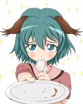  1girl animal_ears blush chaashuumen green_eyes green_hair highres kasodani_kyouko looking_at_viewer outstretched_hand plate short_hair short_sleeves simple_background solo sparkle spoon_in_mouth tears touhou white_background 