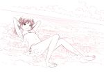  1girl barefoot beach bikini monochrome original sketch solo swimsuit traditional_media twintails yoshitomi_akihito 