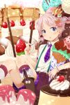  1boy agemono blush boots cake candy cherry crown food food_as_clothes food_themed_clothes fork fruit hair_ornament ice_cream ice_cream_cone looking_at_viewer macaron male_focus marshmallow necktie original pancake pink_hair pocky short_hair shorts smile solo sparkle strawberry suspenders violet_eyes 