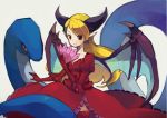  1girl aasjet blonde_hair dress elbow_gloves fan gloves horns lilith_(p&amp;d) long_hair looking_at_viewer monster monster_girl puzzle_&amp;_dragons red_dress smile wings 