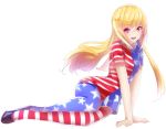  1girl american_flag_legwear american_flag_shirt asymmetrical_legwear blonde_hair clownpiece full_body long_hair looking_at_viewer no_hat no_headwear open_mouth patata pink_eyes print_legwear shoes short_sleeves simple_background smile solo touhou white_background 