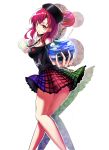  1girl bare_shoulders barefoot black_shirt earth_(ornament) from_behind hair_between_eyes hecatia_lapislazuli highres koissa looking_at_viewer miniskirt moon off_shoulder open_mouth plaid plaid_skirt red_eyes redhead shirt skirt thighs touhou 