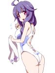  1girl ass competition_swimsuit kantai_collection long_hair looking_back low_twintails miuku_(marine_sapphire) one-piece_swimsuit purple_hair red_eyes surprised swimsuit taigei_(kantai_collection) towel twintails 
