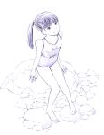  1girl barefoot monochrome original school_swimsuit sketch solo swimsuit traditional_media twintails yoshitomi_akihito 
