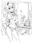  1girl alarm_clock animal_ears clock cup curtains drinking_straw graphite_(medium) long_hair monochrome mug no_pants nobita panties pillow rabbit_ears reisen_udongein_inaba solo stuffed_animal stuffed_bunny stuffed_toy tissue_box touhou traditional_media underwear yagokoro_eirin 