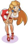  1girl bare_shoulders bent_over blonde_hair blue_eyes breasts cleavage earrings highres jewelry lips long_hair super_mario_bros. necklace one_eye_closed princess_peach simple_background skirt smile solo splashbrush super_mario_bros. white_background 