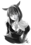  1girl animal_ears bowtie breasts cat_ears cleavage facial_mark final_fantasy final_fantasy_xiv greyscale hachi_ell hairband long_sleeves miqo&#039;te monochrome monocle nashu_mhakaracca parted_lips puffy_long_sleeves puffy_sleeves short_hair simple_background solo upper_body white_background 