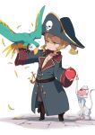  1girl apple ario bird bird_on_arm blonde_hair brown_eyes character_request copyright_request food fruit grin hat long_coat long_sleeves pirate pirate_hat short_ponytail skull smile solo wide_sleeves 