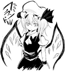  1girl ascot bangs bow chain character_name cowboy_shot cuffs expressionless flandre_scarlet hair_between_eyes hat hat_bow jpeg_artifacts looking_away mob_cap monochrome puffy_short_sleeves puffy_sleeves shiromamekei short_hair short_sleeves side_ponytail simple_background sketch skirt skirt_set slit_pupils solo stitches touhou tsurime white_background wings 