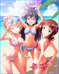  3girls ahoge amami_haruka ball beach beachball bikini black_hair blonde_hair breasts brown_hair ganaha_hibiki green_eyes hair_ribbon highres hoshii_miki idolmaster long_hair multiple_girls one_eye_closed open_mouth outsider_0 ponytail ribbon short_hair smile sunglasses sunglasses_on_head swimsuit 