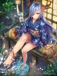  1girl antlers arm_support barefoot blue_hair bottle eyepatch feet_in_water flower hair_flower hair_ornament interitio japanese_clothes kimono legs long_hair short_kimono sitting smile soaking_feet solo splashing water yellow_eyes 