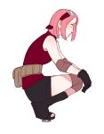  1girl black_gloves commentary completion_time elbow_pads fanny_pack from_side full_body gloves hairband haruno_sakura knee_pads naruto naruto_shippuuden open_toe_shoes pink_hair shivi_martin shoes short_hair shorts solo squatting transparent_background 