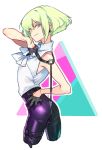  1boy androgynous ascot ass back gloves green_hair half_gloves hillwithstar lio_fotia looking_back male_focus promare short_hair sleeveless smile violet_eyes 