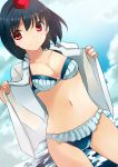  1girl alternate_costume bikini black_hair blue_bikini blue_sky breasts cleavage clouds collarbone cowboy_shot dutch_angle frilled_bikini frills hat looking_at_viewer navel no_pants no_wings open_clothes open_shirt red_eyes sawamura_hikaru shameimaru_aya shirt short_hair short_sleeves sky smile solo swimsuit tokin_hat touhou undressing water white_shirt 